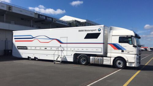 Race trailer with design windows BMW Motorsport